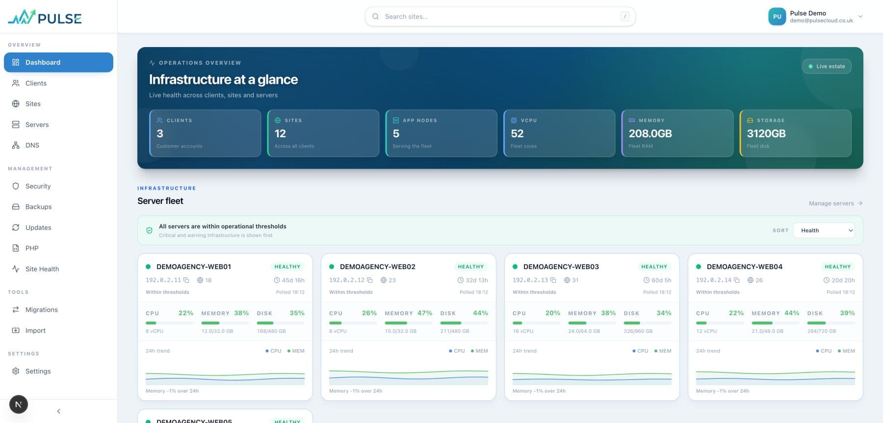 Pulse dashboard showing managed infrastructure and server health