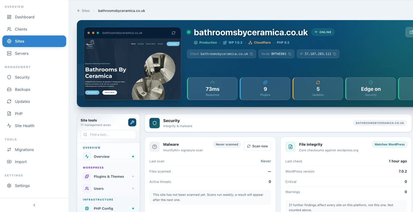 Pulse security workspace showing malware and file-integrity checks for bathroomsbyceramica.co.uk