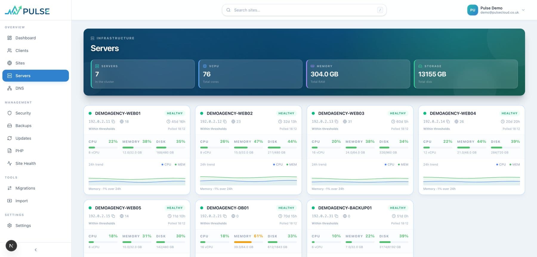 Pulse server fleet view using fictional infrastructure data