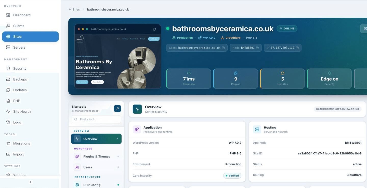 Pulse site overview showing live health and platform context for bathroomsbyceramica.co.uk